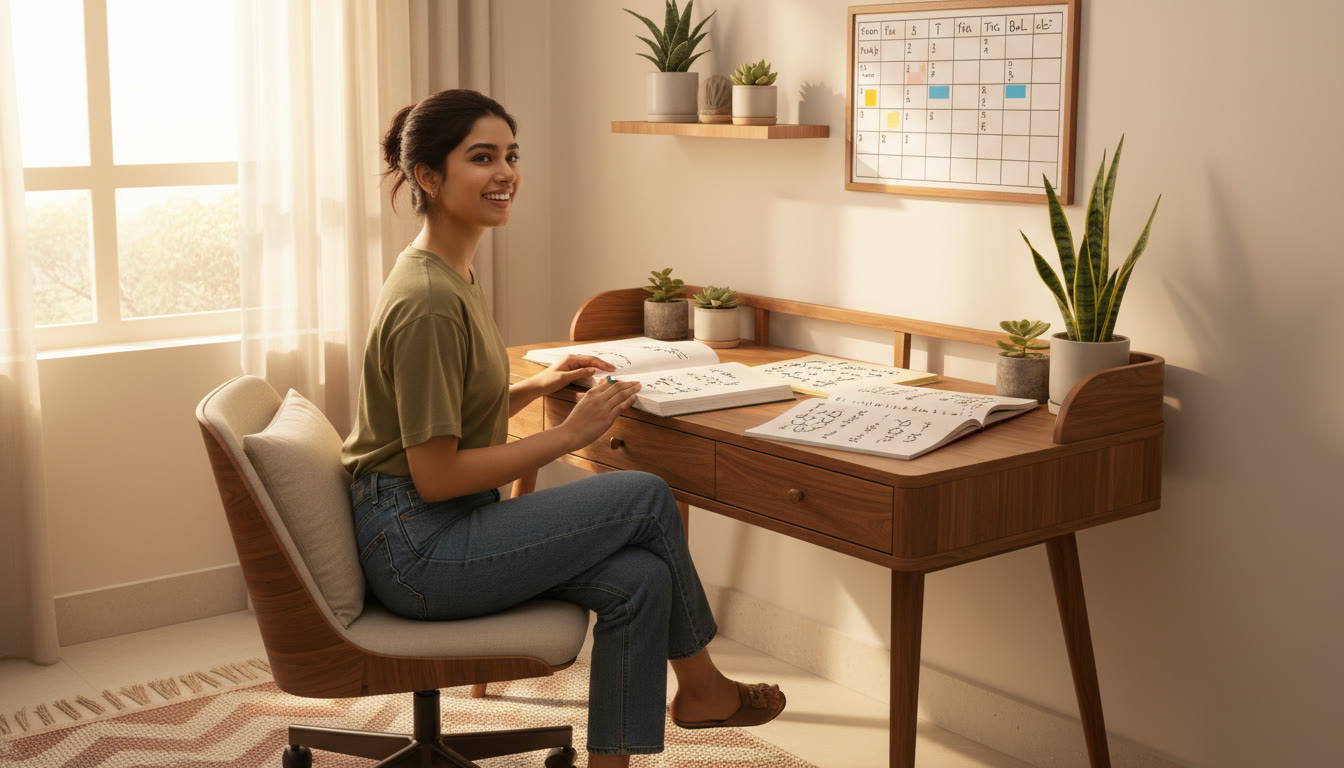 Photo Idea : student revising at a tidy desk with textbooks, a notebook of handwritten formulas, and a simple wall timetable