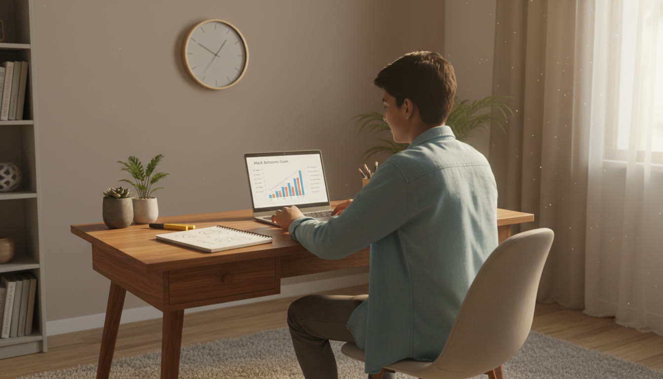 Photo Idea : A focused student at a desk with neat notes, a laptop showing a mock test screen, and a visible wall clock