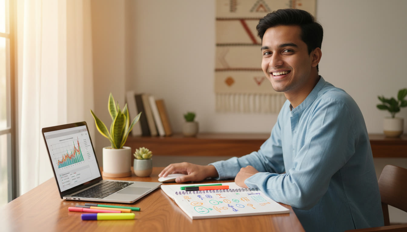 Photo Idea : A student reviewing a mock test on a laptop with notes and annotated error categories