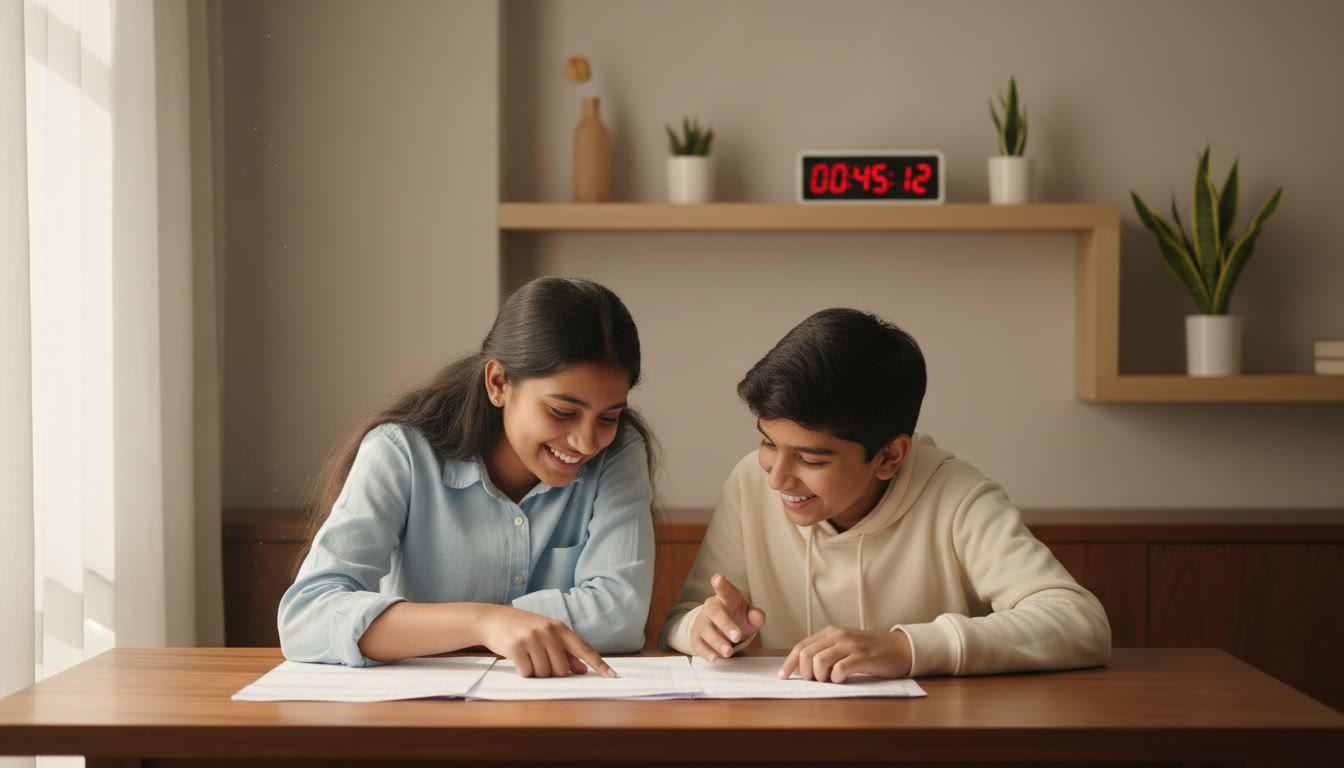 Photo Idea : Two students reviewing a printed mock test, pointing at questions with a timer in background