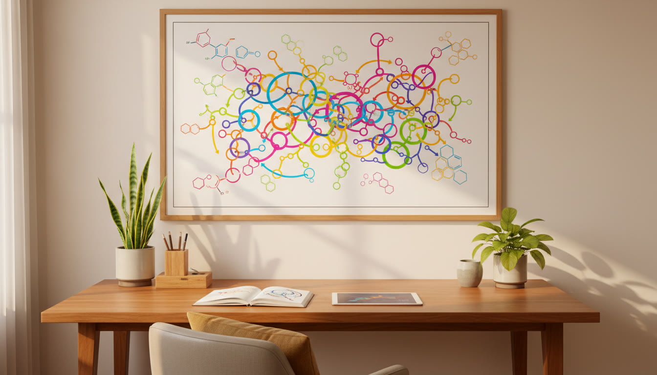 Photo Idea : Colorful reaction map poster pinned above a study desk showing key organic reaction pathways