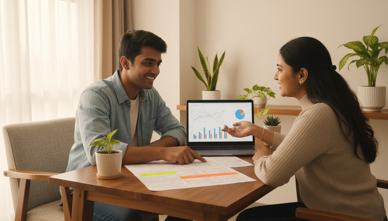 Photo Idea : student and tutor reviewing a test paper with highlighted mistakes and a laptop showing performance charts