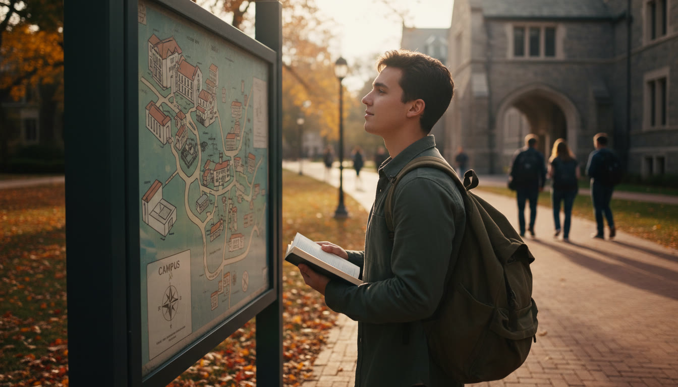 Photo Idea : A thoughtful IB student with a backpack staring at a campus map, late-afternoon light