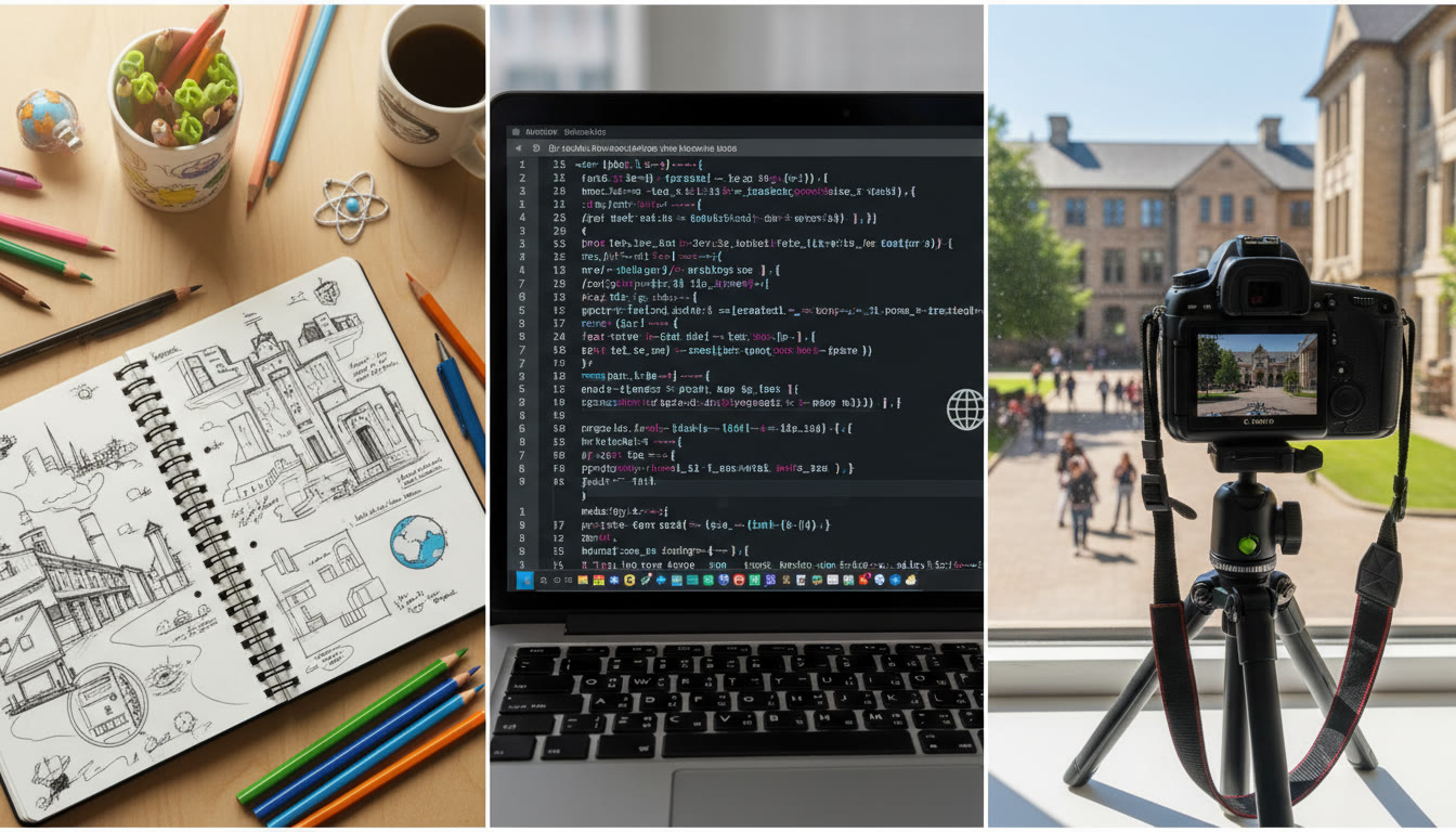 Photo Idea : a collage showing a sketchbook, a laptop screen with code, and a camera on a tripod