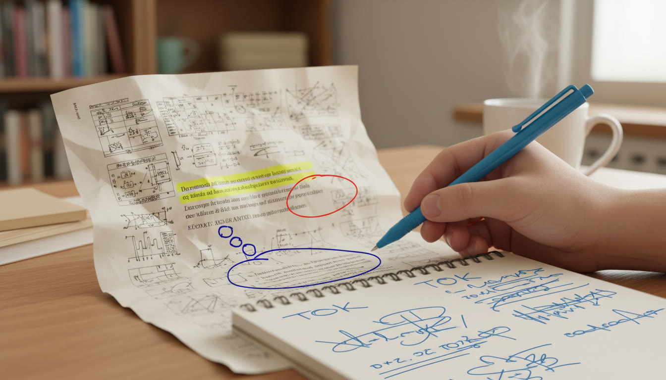 Photo Idea : Close-up of annotated printed article, a colored pen pointing to highlighted evidence used in a TOK paragraph