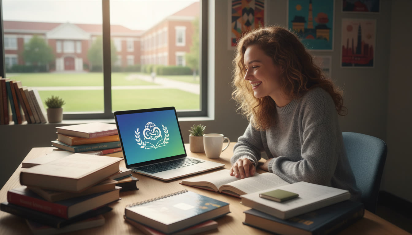 Photo Idea : student at a desk surrounded by books and a laptop, highlighting a short quotation on the screen