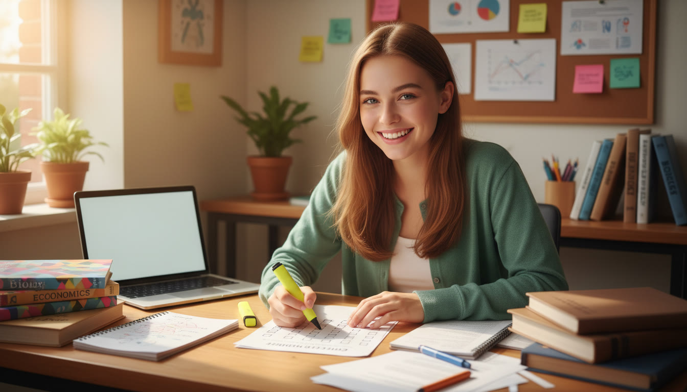 Photo Idea : A student at a study table surrounded by IB notes and subject books, smiling while highlighting a decision checklist