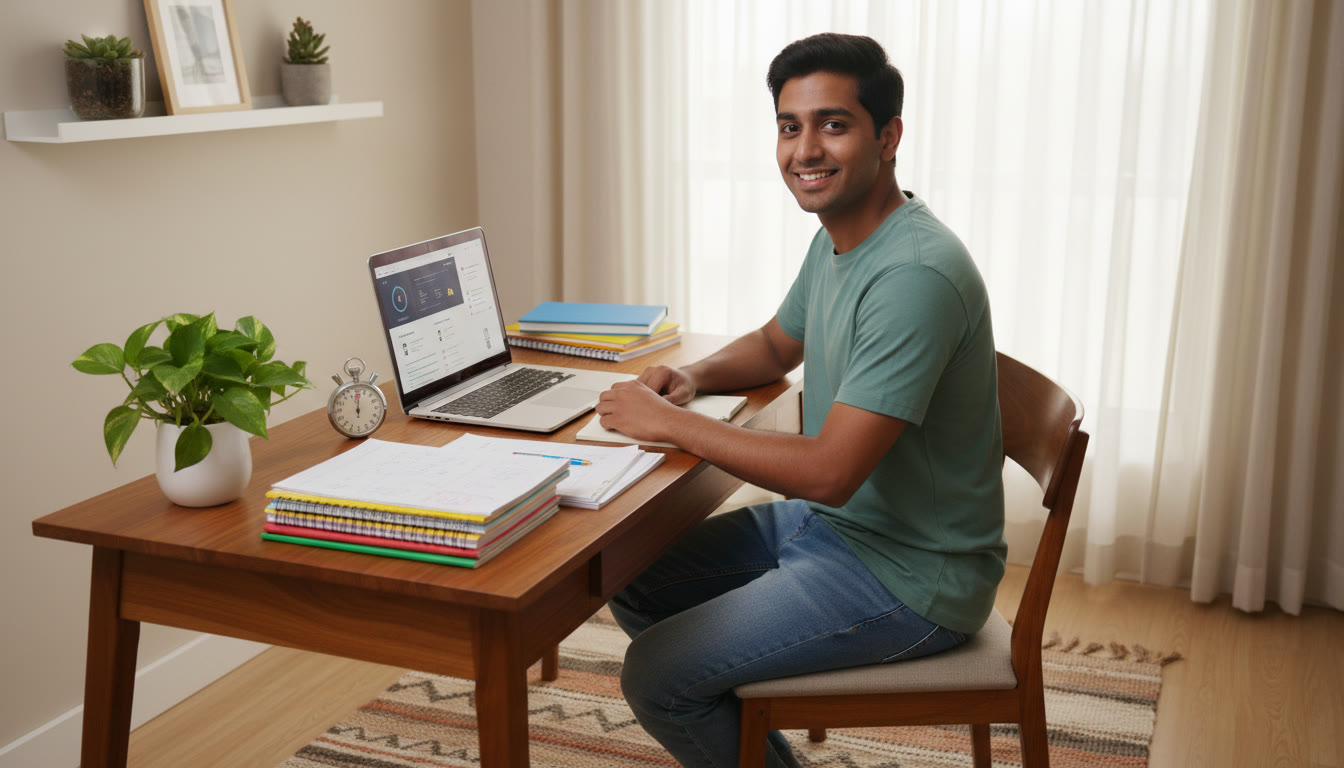 Photo Idea : Student seated at a desk with laptop running a timed mock test, surrounded by neatly organized notes and a stopwatch.