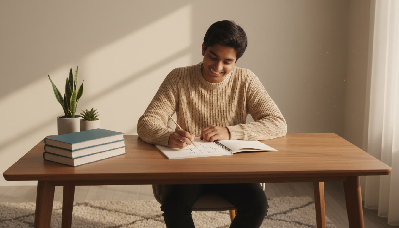 Photo Idea : A student at a tidy desk sketching a physics free-body diagram on a notebook with textbooks stacked neatly to one side.