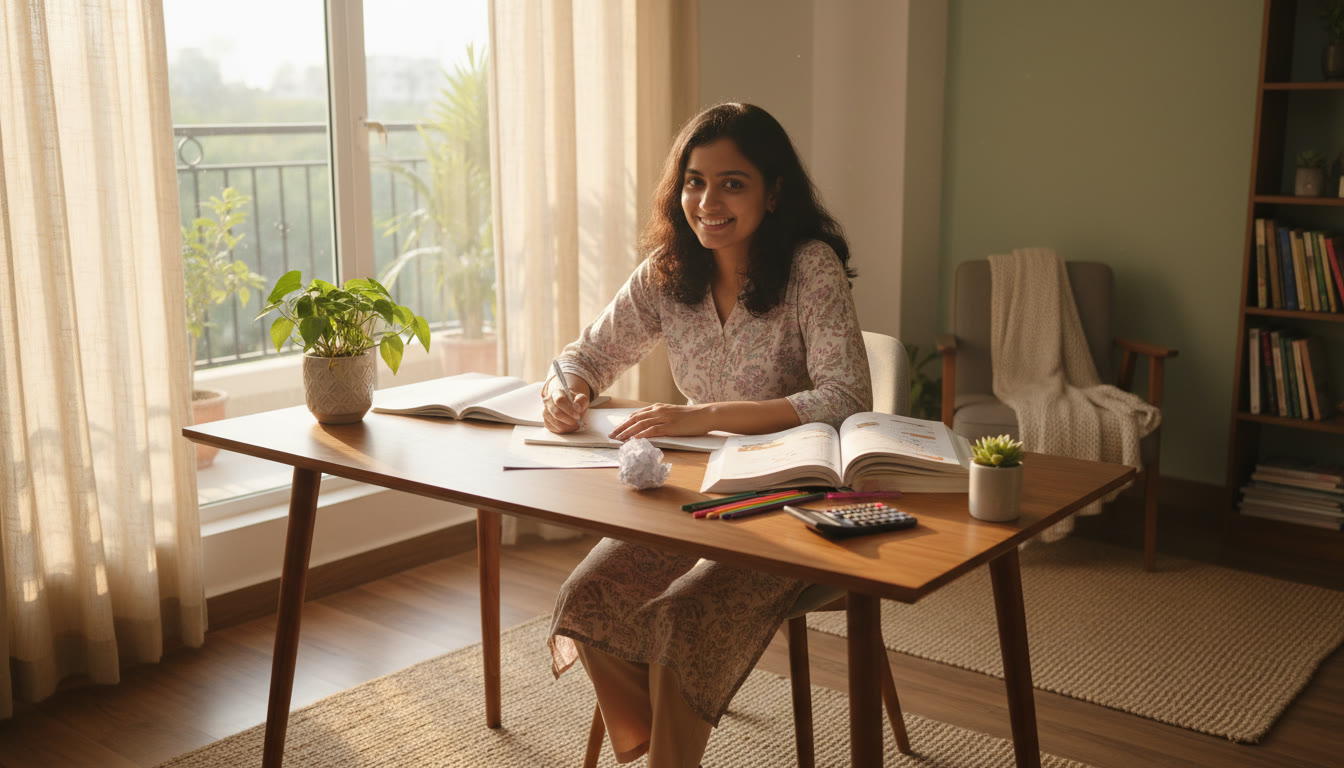 Photo Idea : Student at a desk with physics and biology books open, solving problems on paper