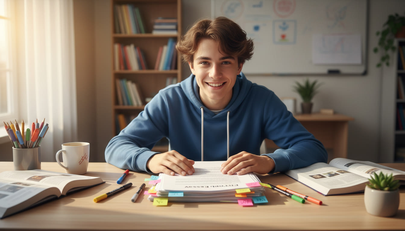 Photo Idea : Student at a desk with a printed EE draft, colored pens, and sticky notes marking paragraphs