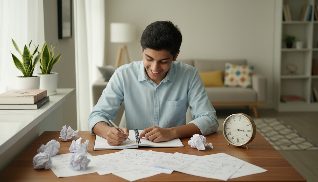 Photo Idea : A focused student at a desk solving a complex problem with a clock showing time and scattered notes