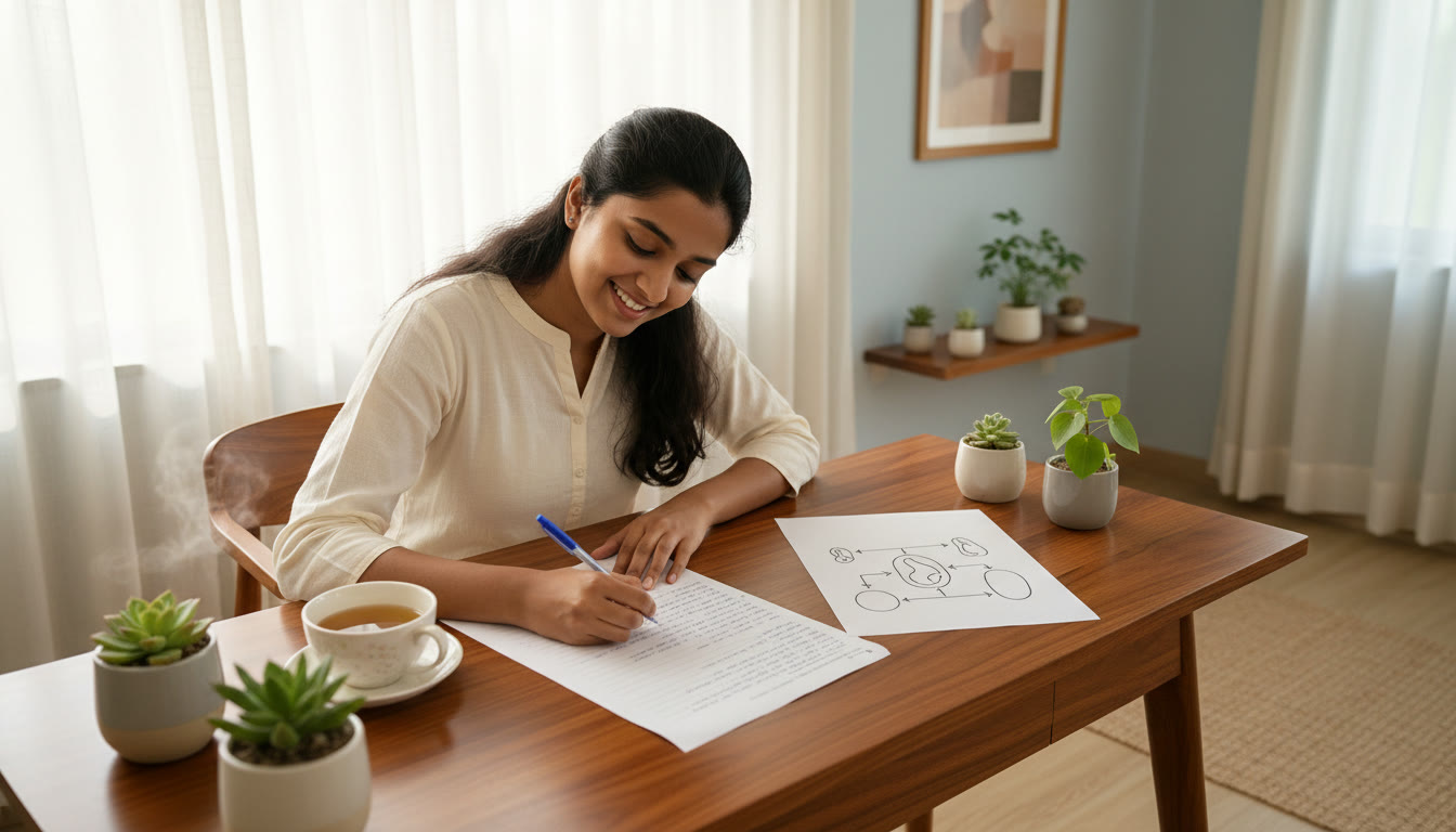 Photo Idea : Student writing a neat, well-spaced answer on an exam sheet with a labeled diagram nearby