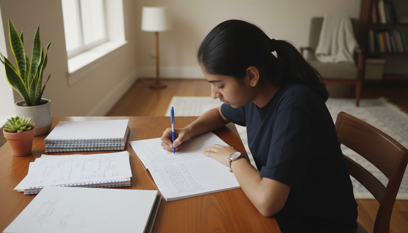 Photo Idea : A focused student writing neatly in an exam answer booklet with a watch and neat notes beside them