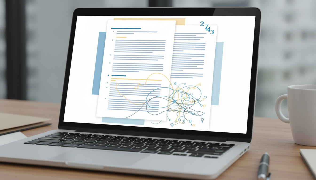 Photo Idea : Close-up of a laptop screen showing a formatted research paper with page numbers and a bibliography