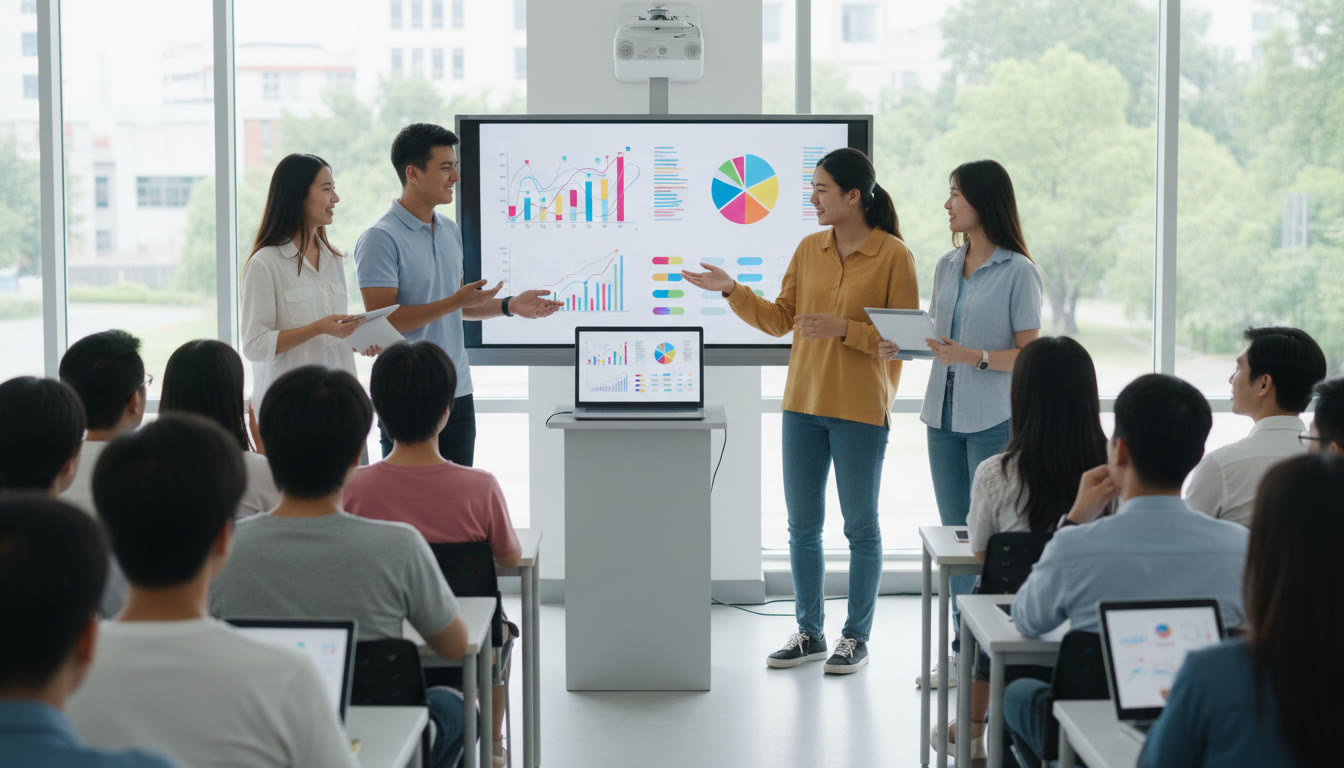 Photo Idea : A small student team presenting a startup pitch to peers in a modern classroom with charts and a laptop