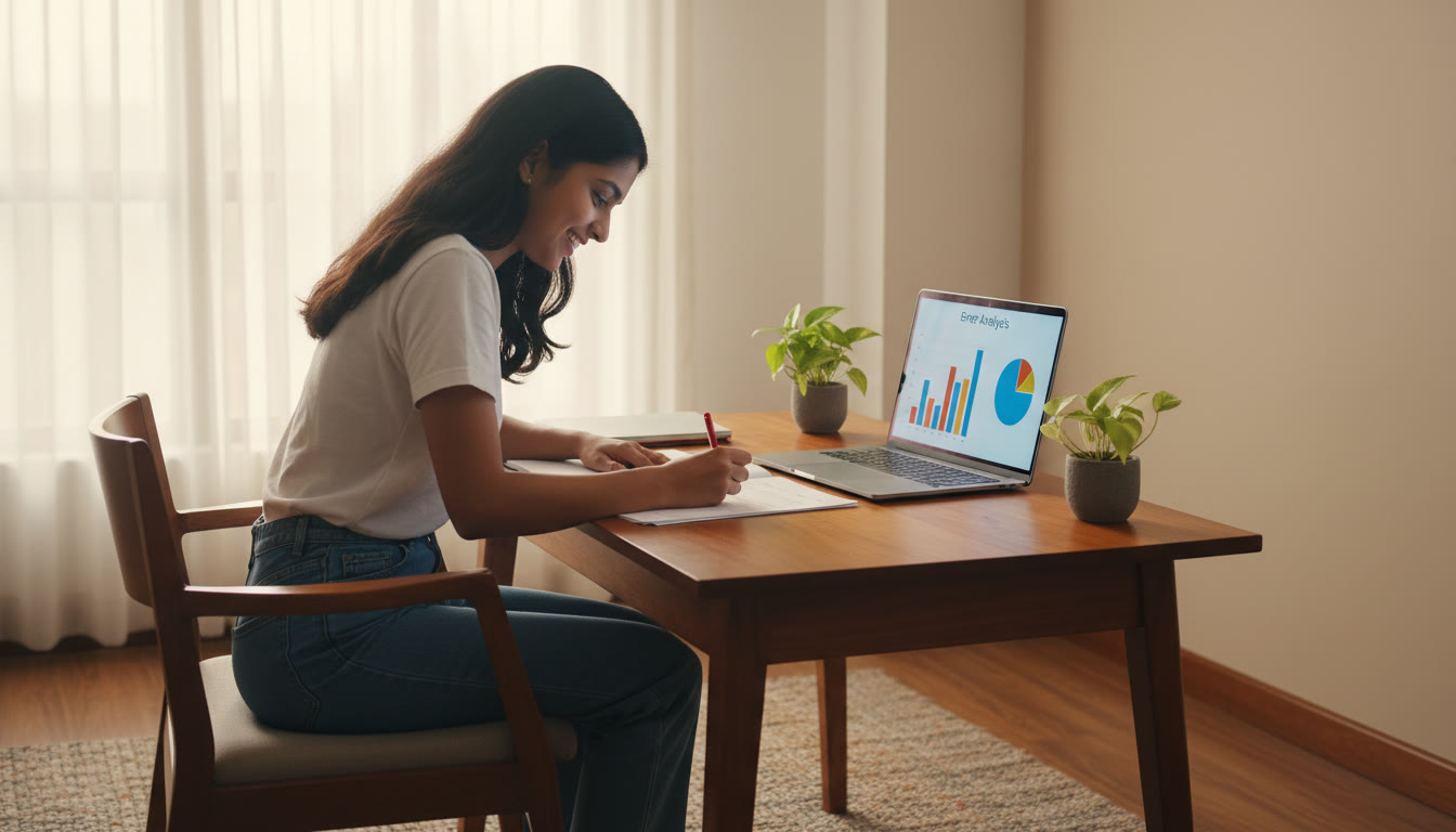 Photo Idea : A student analyzing a mock test paper with red pen and a laptop showing error statistics