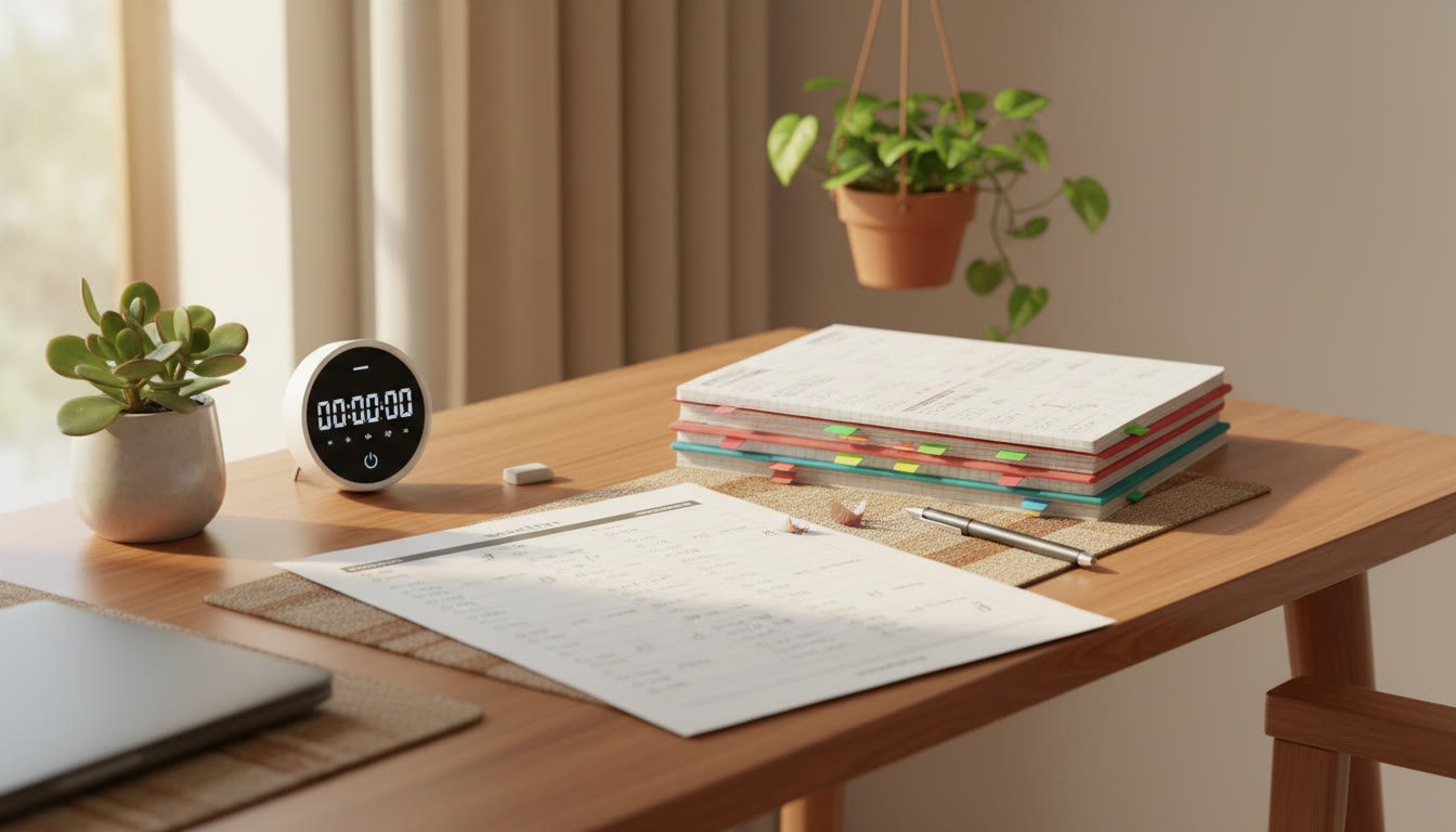 Photo Idea : Close-up of a student’s desk with a timer, a color-coded error log, and a printed mock test paper