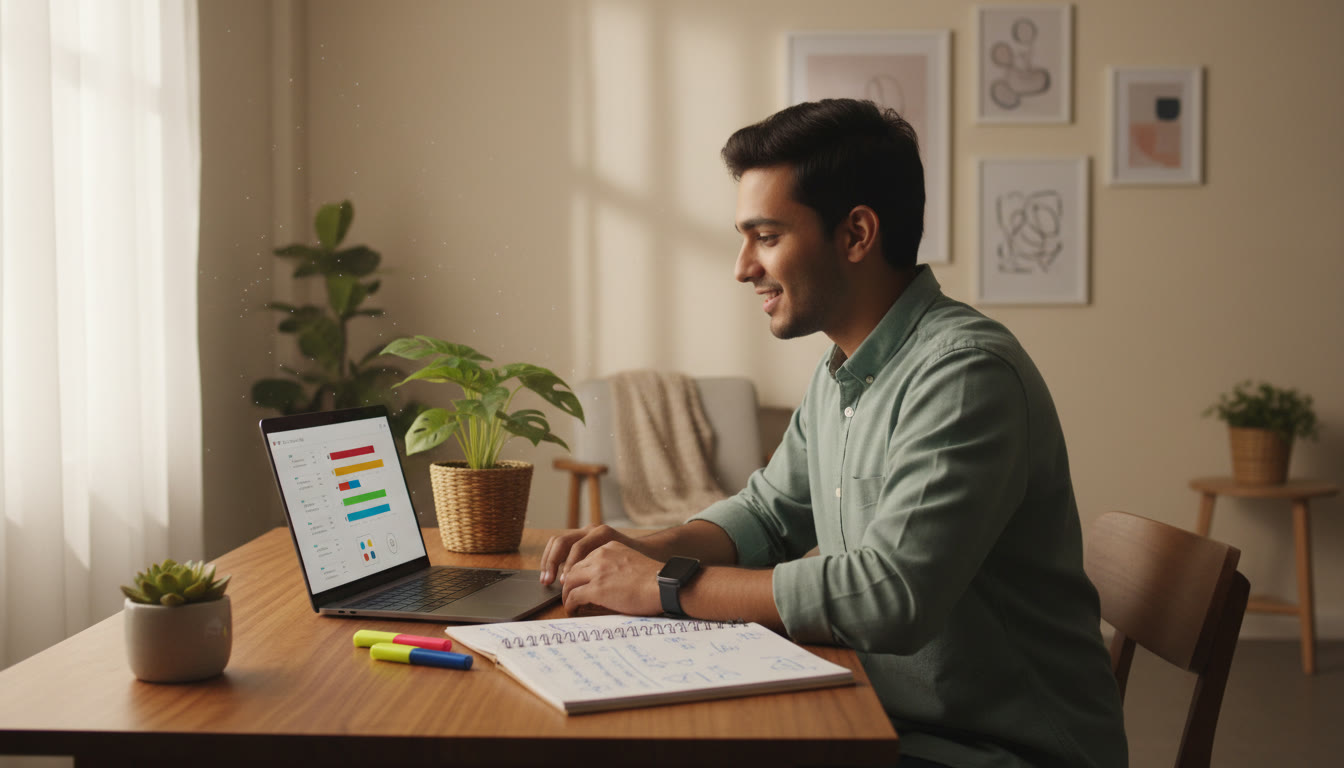 Photo Idea : Focused student at a tidy desk with a laptop showing a timed mock test and neat handwritten notes