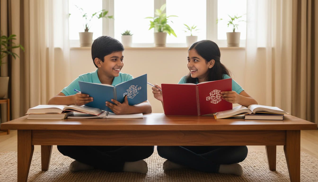 Photo Idea : Two students comparing notebooks labeled