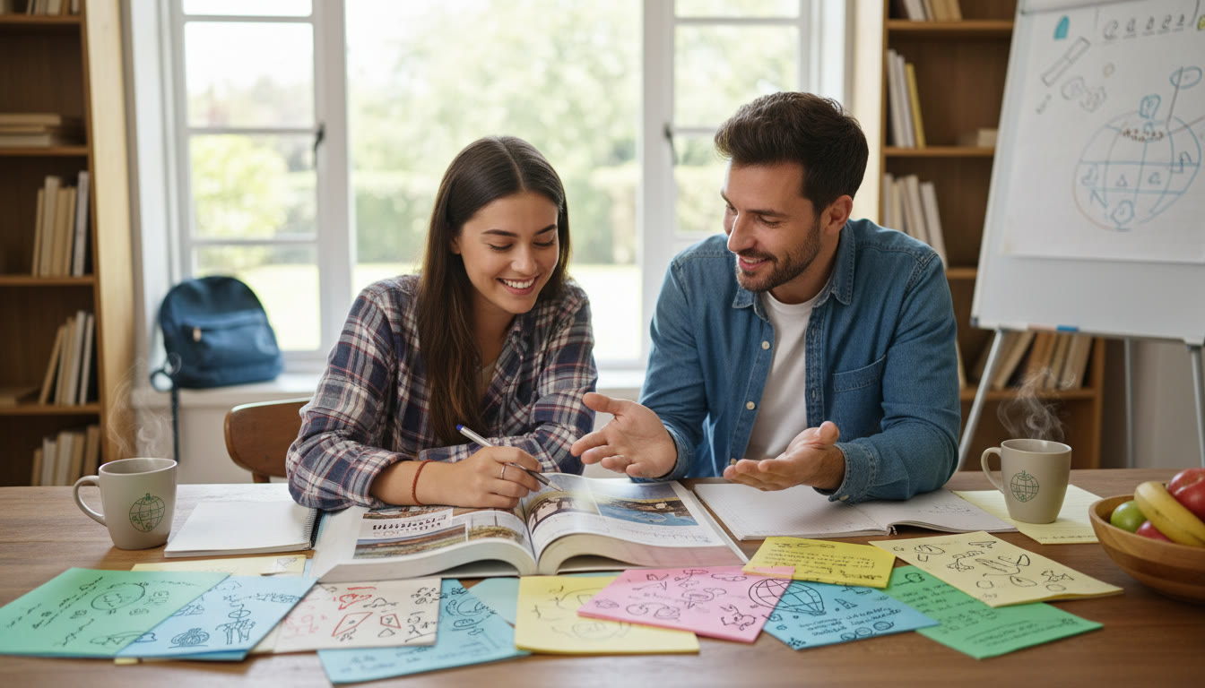 Photo Idea : A student studying with colorful notes and a Spanish textbook open, mid-discussion with a tutor