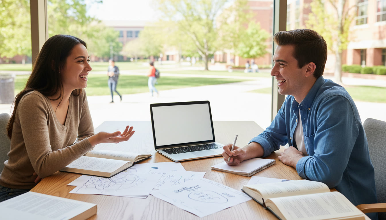 Photo Idea : Student practicing an interview with a peer, laptop and notes open on the table
