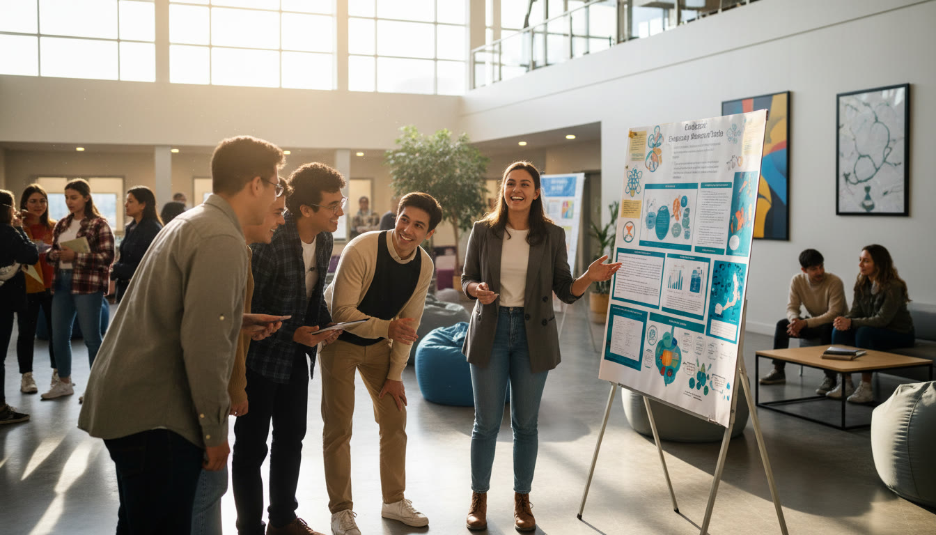 Photo Idea : Student presenting research poster to classmates in a school hall