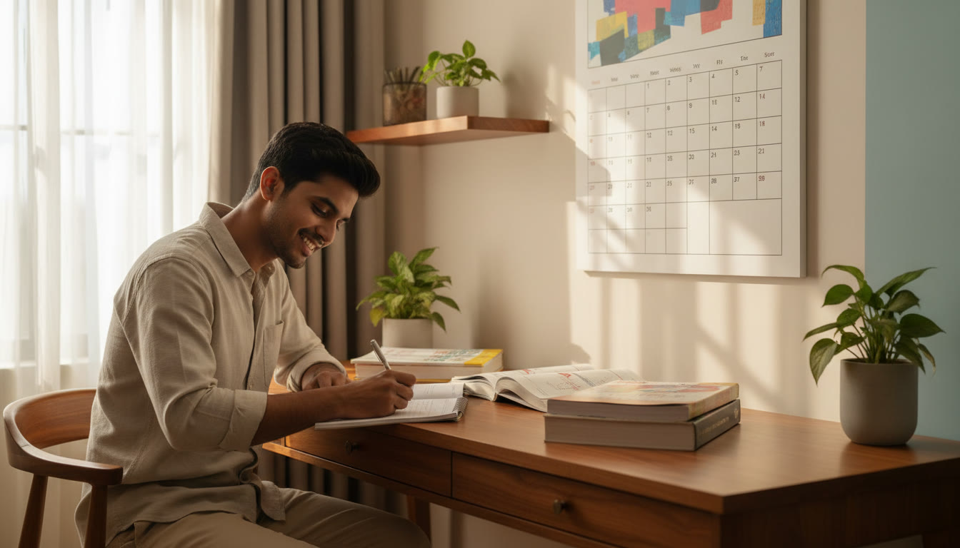 Photo Idea : Student at a tidy desk writing on a ringed notebook with textbooks open and a visible wall calendar