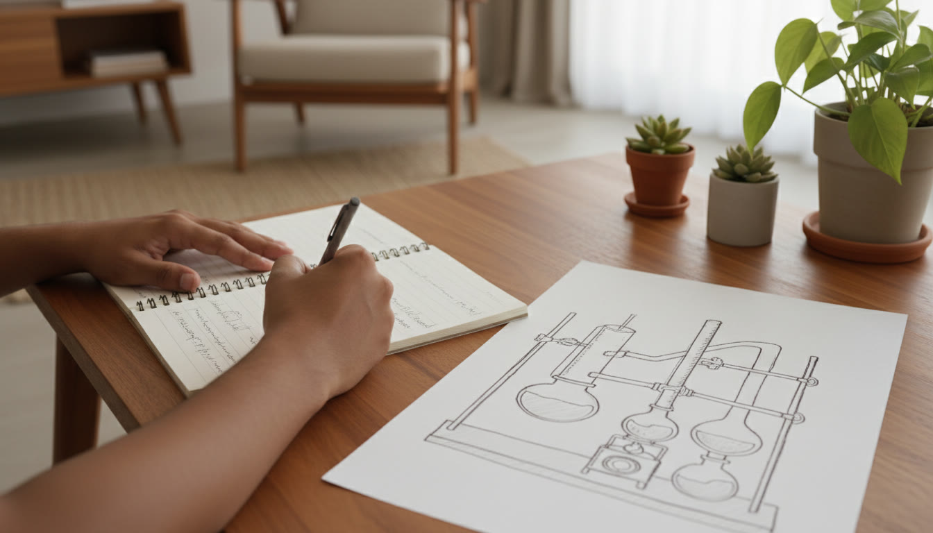 Photo Idea : Close-up of hands writing a lab report next to a neat, labeled diagram of a lab apparatus