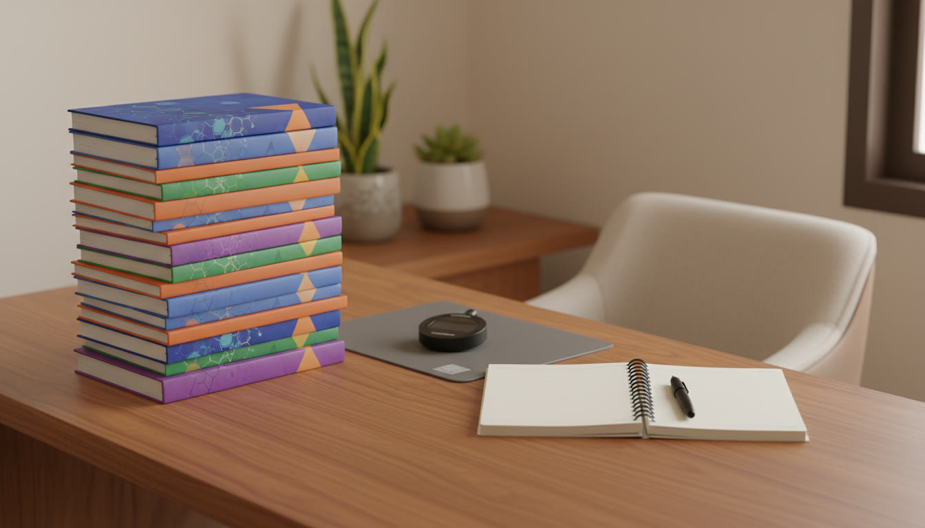 Photo Idea : Side-by-side stack of JEE-style practice books and Olympiad problem collections on a tidy study desk with a stopwatch and a notebook