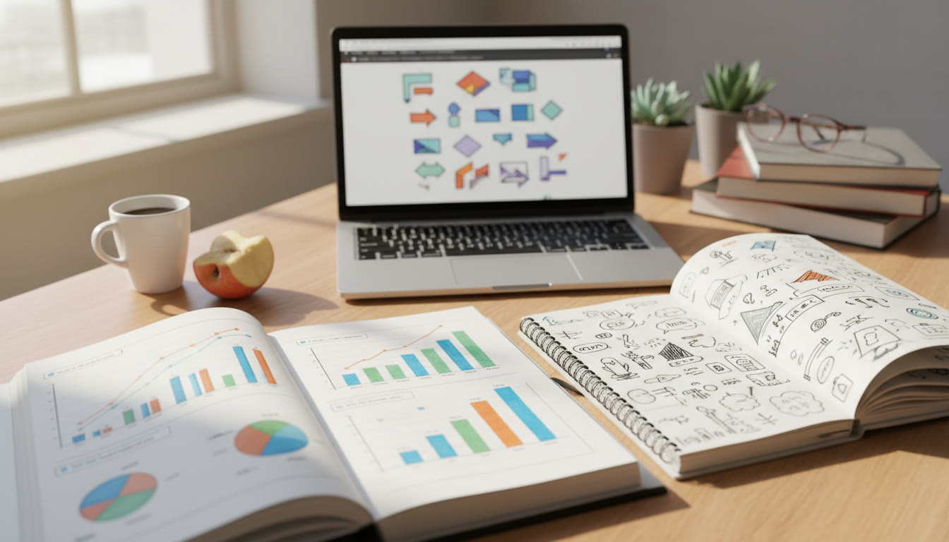 Photo Idea : A student portfolio on a desk showing charts, a CAS reflection notebook and a laptop with a pitch deck.