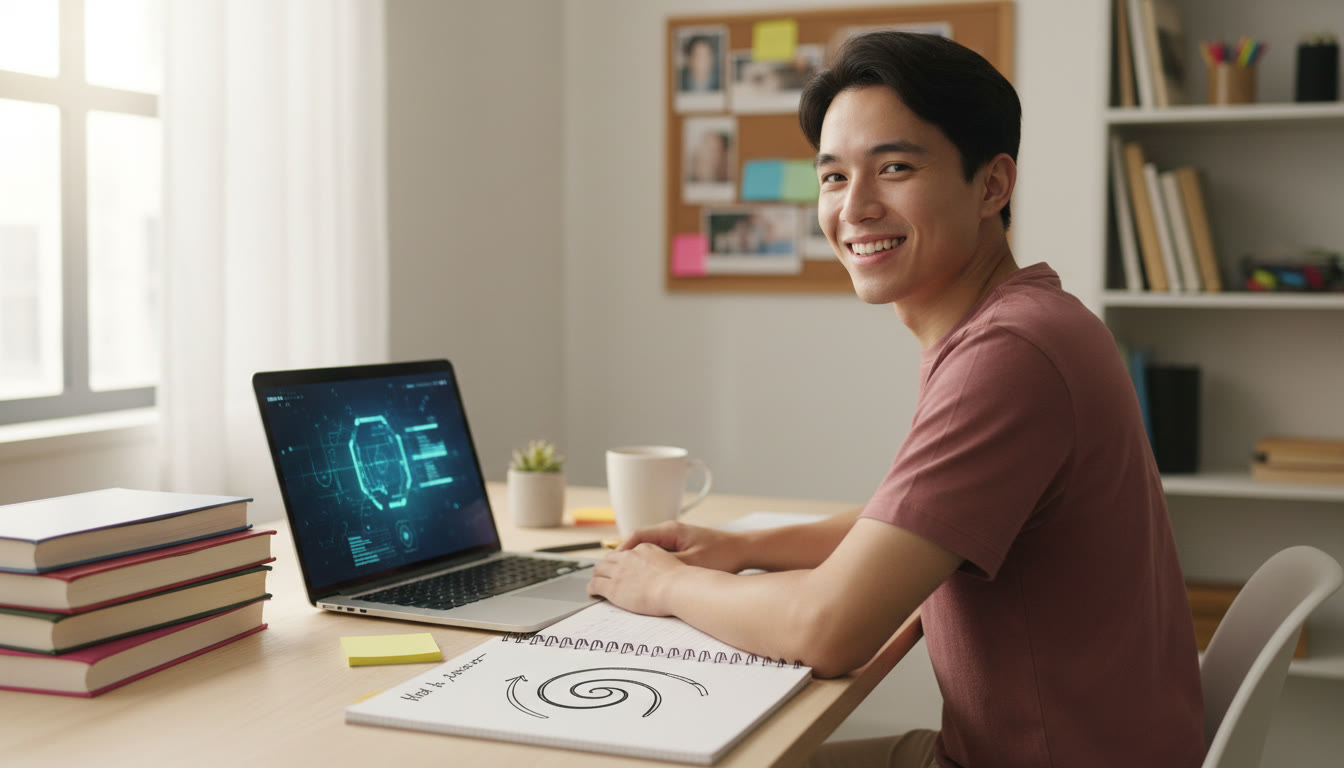 Photo Idea : Student at a desk surrounded by IB textbooks, a laptop, and a neat notebook labeled "Personal Statement"