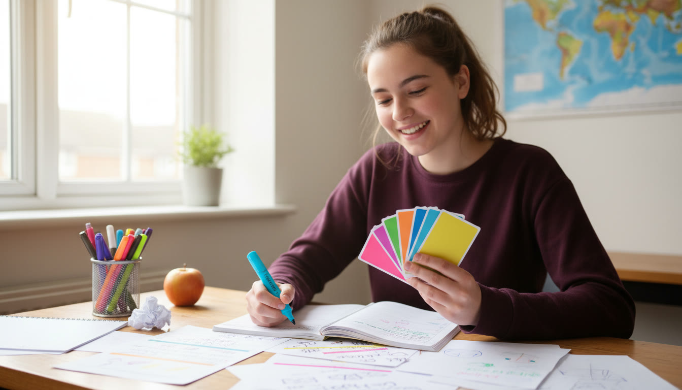 Photo Idea : Student at a desk using flashcards and past papers, highlighting notes with colored pens