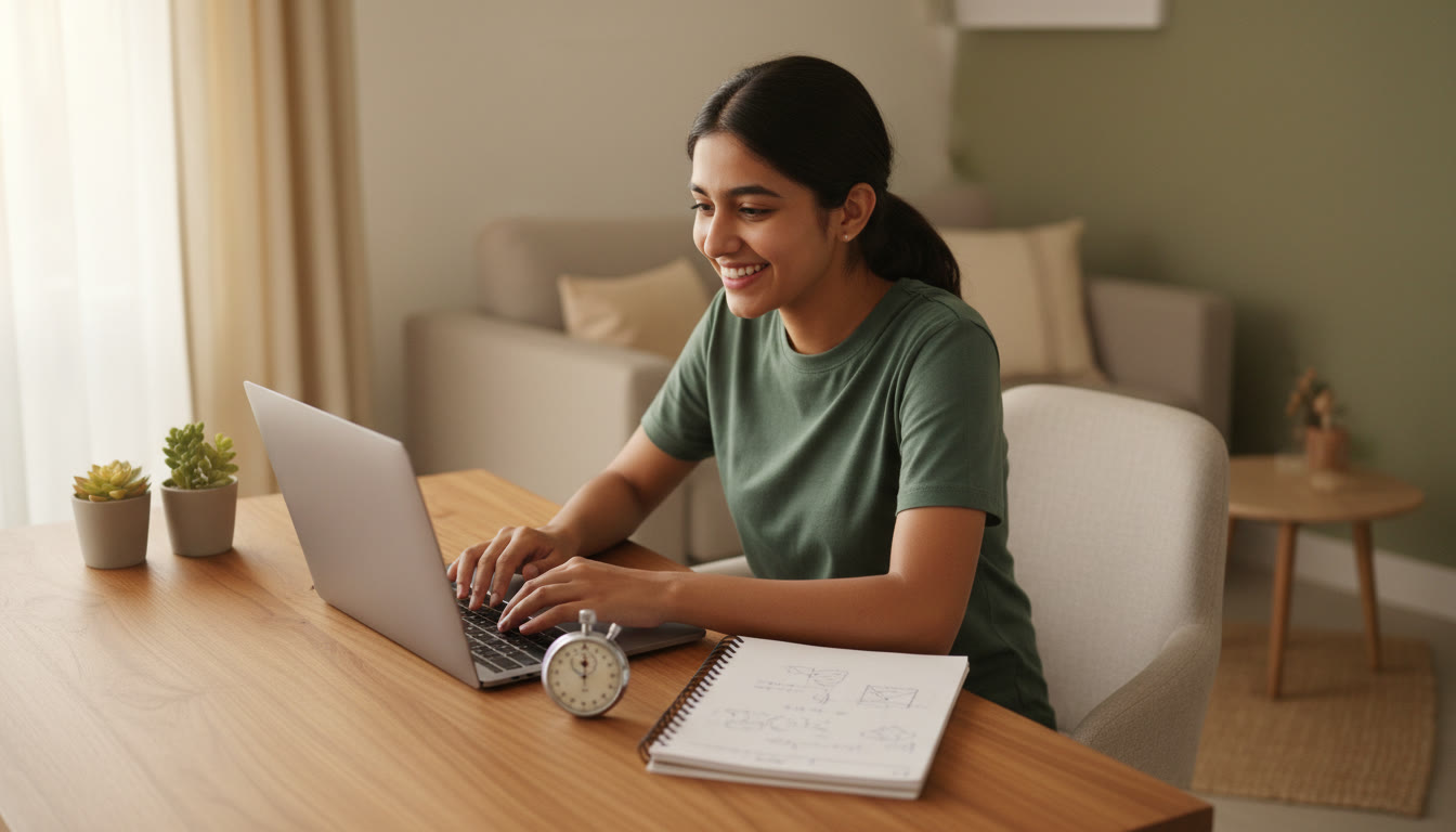 Photo Idea : Student at a tidy desk doing a timed mock test on a laptop with a notebook and stopwatch nearby
