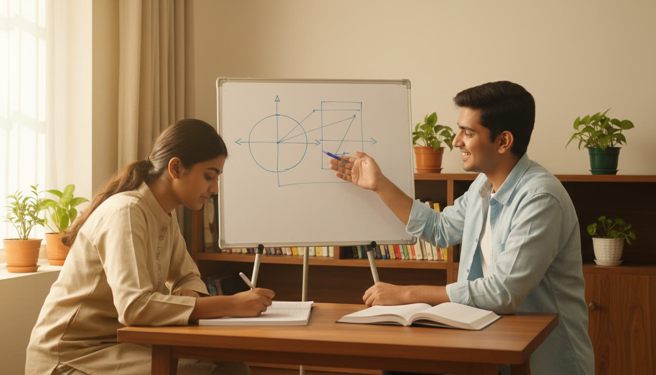 Photo Idea : A small group study scene with two students discussing a problem on a whiteboard, one pointing to a diagram, the other taking notes