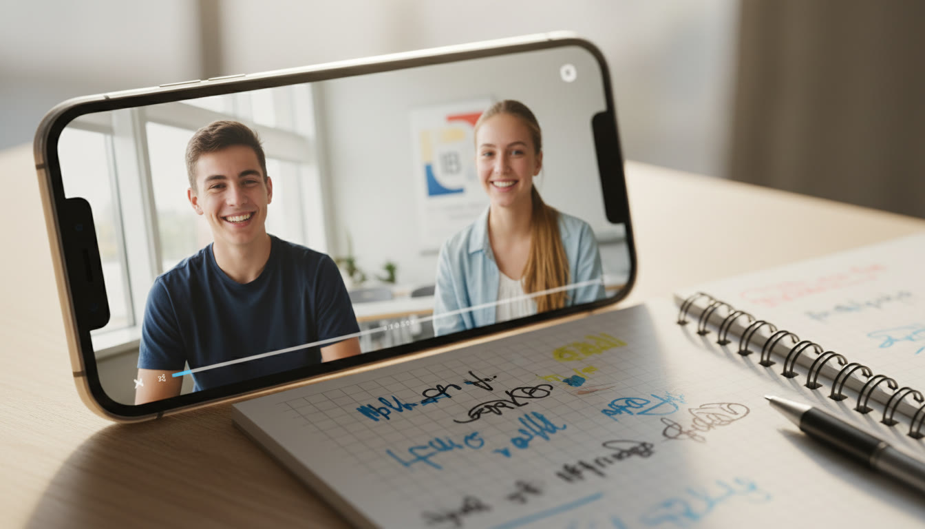 Photo Idea : close-up of a smartphone screen playing back a recorded mock interview with timestamps and notes beside it