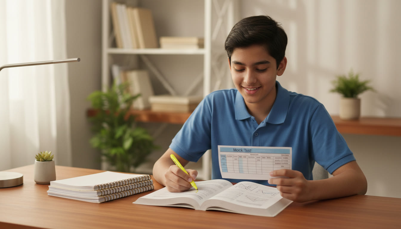 Photo Idea : A student checking a mock-test scorecard and highlighting chapters to review