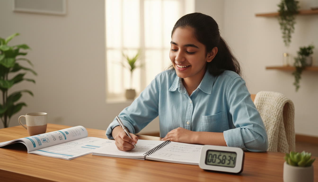 Photo Idea : A focused student at a desk with a chapter list, a stopwatch, and a mock test paper visible