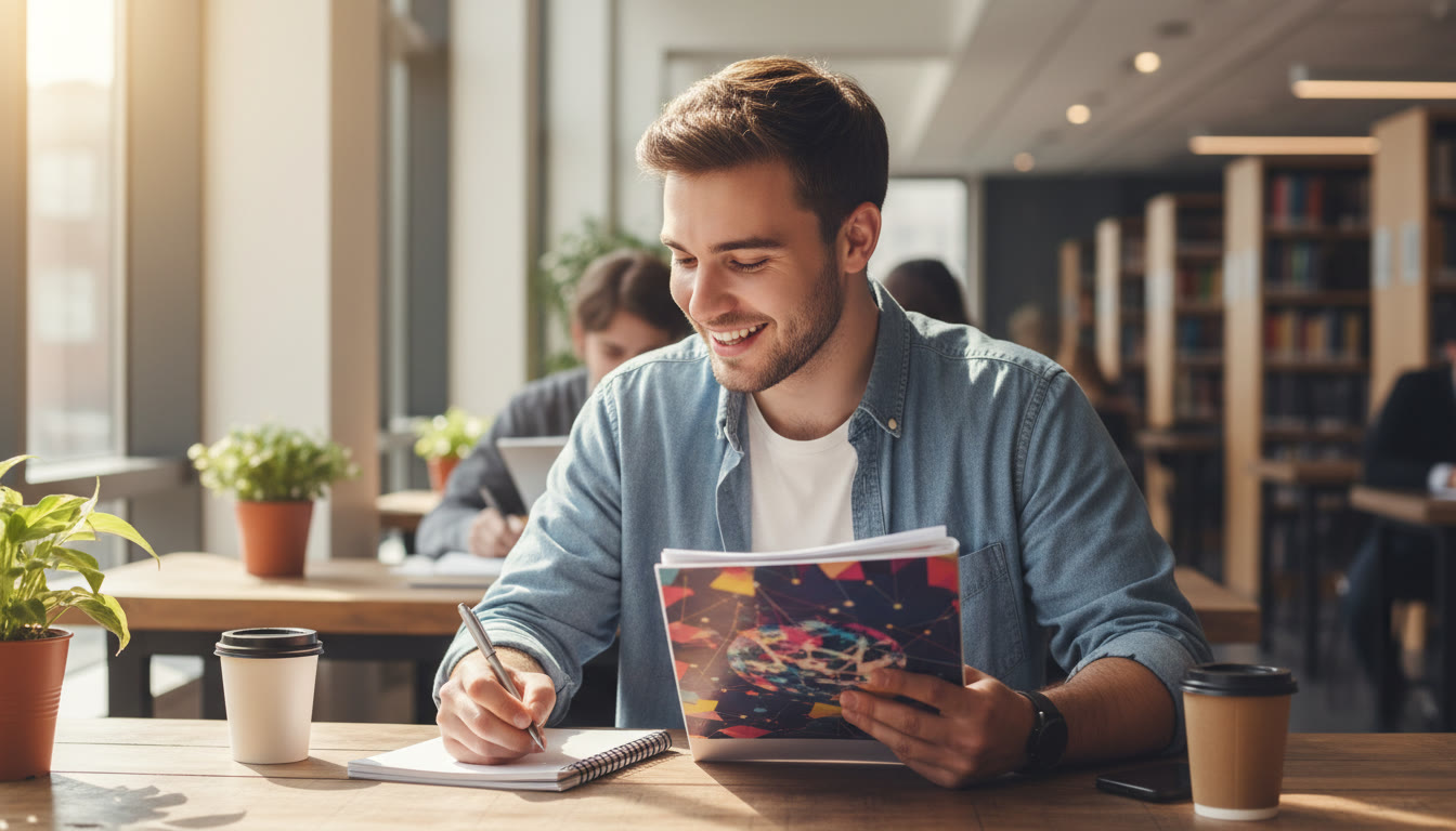 Photo Idea : a student writing a reflective CAS journal while holding a printed project report