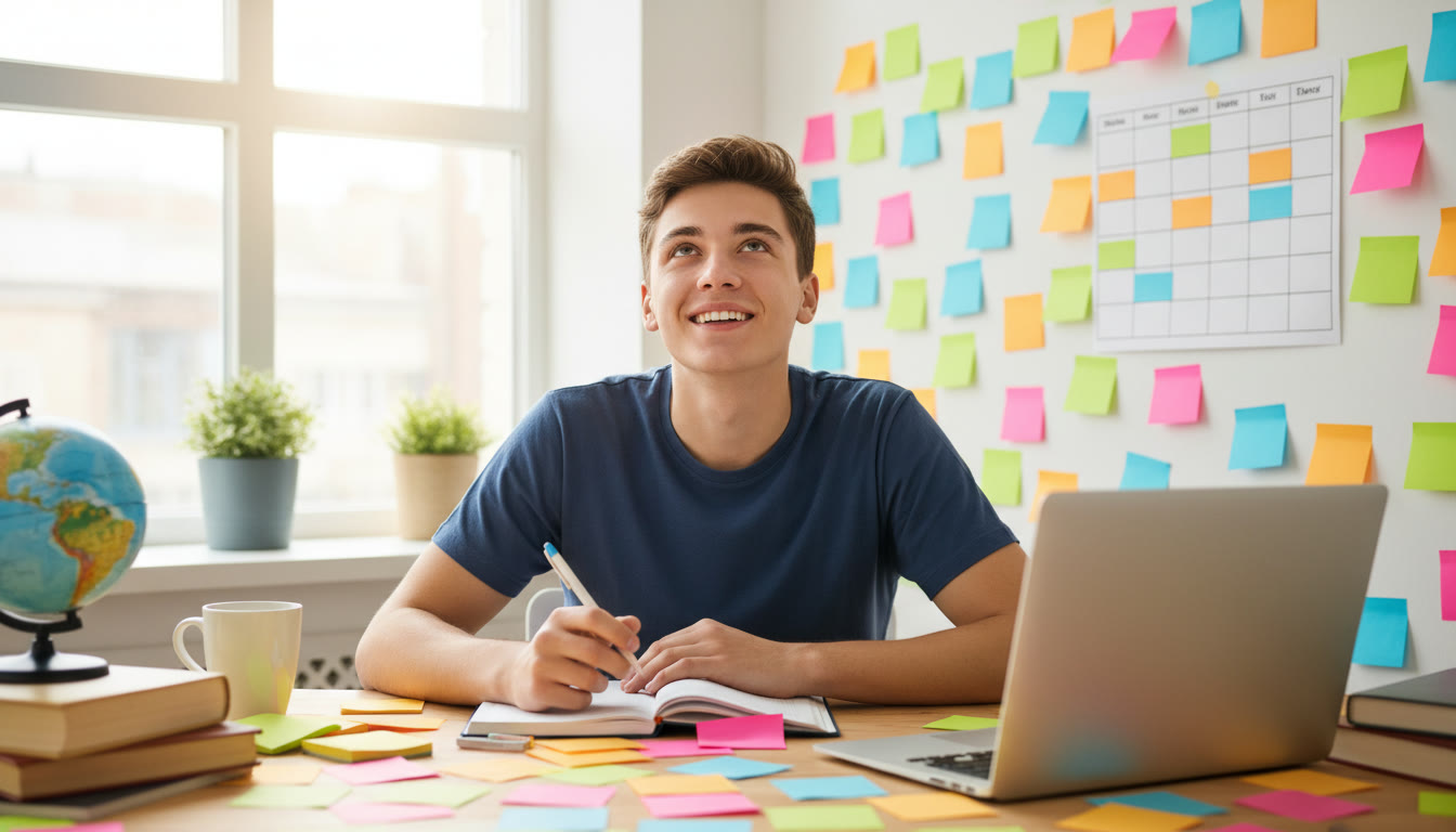 Photo Idea : Student at a desk surrounded by colorful sticky notes and a timetable