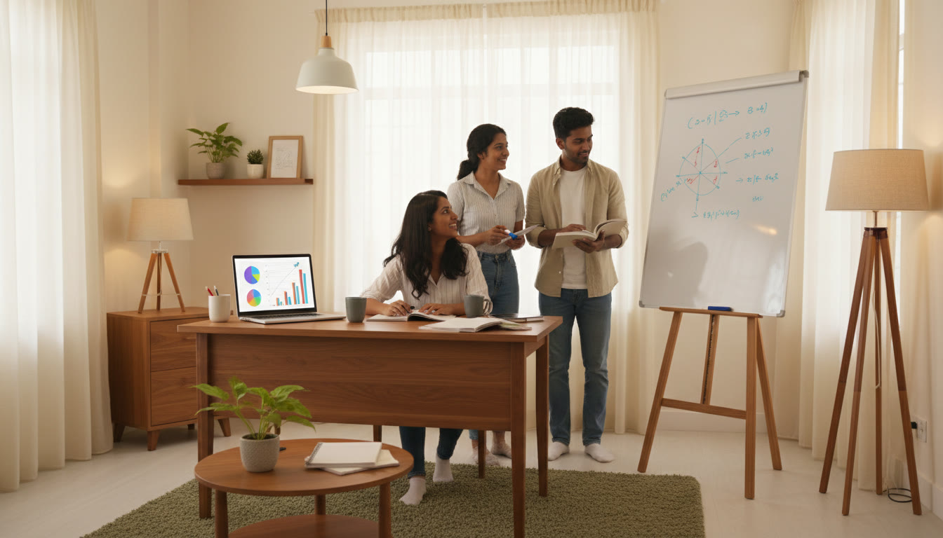 Photo Idea : a small study group discussing solutions on a whiteboard with topic trackers on a laptop screen