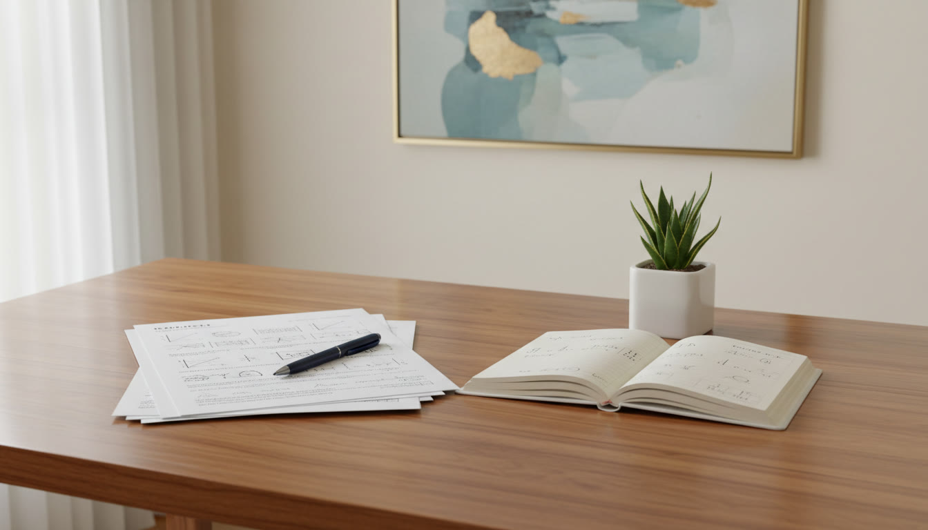 Photo Idea : A neatly arranged desk with a printed mock test paper, pen, and a small notebook open to an error log