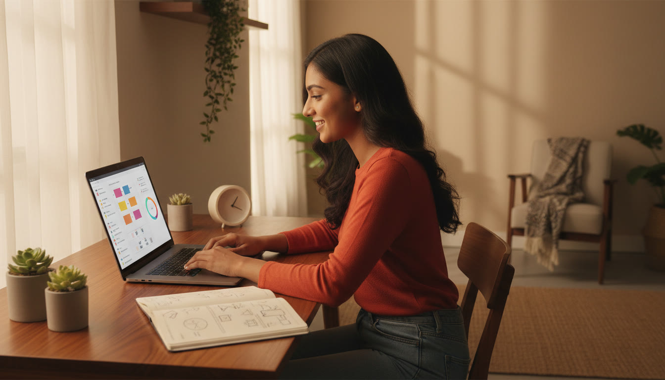 Photo Idea : A focused student at a desk with a laptop showing a mock test interface and a timer beside a notebook
