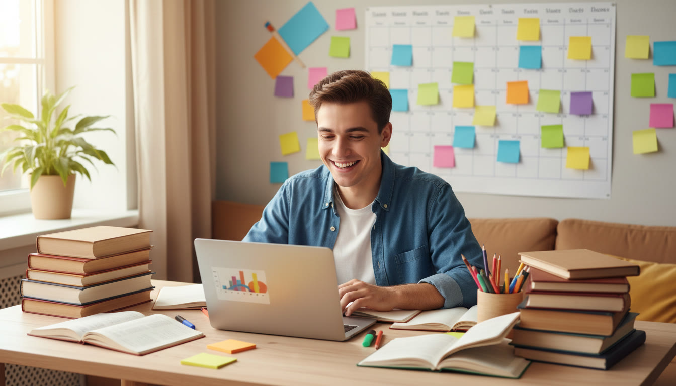 Photo Idea : Student at a desk surrounded by books, a laptop, and colorful sticky notes on a wall calendar