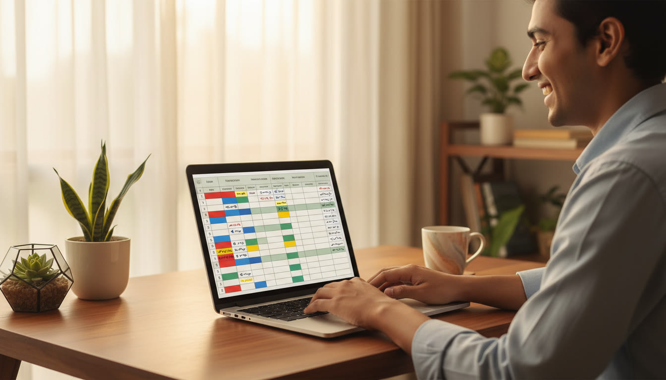 Photo Idea : A tidy error log spreadsheet on a laptop screen with colored tags for concept gaps and time stamps.