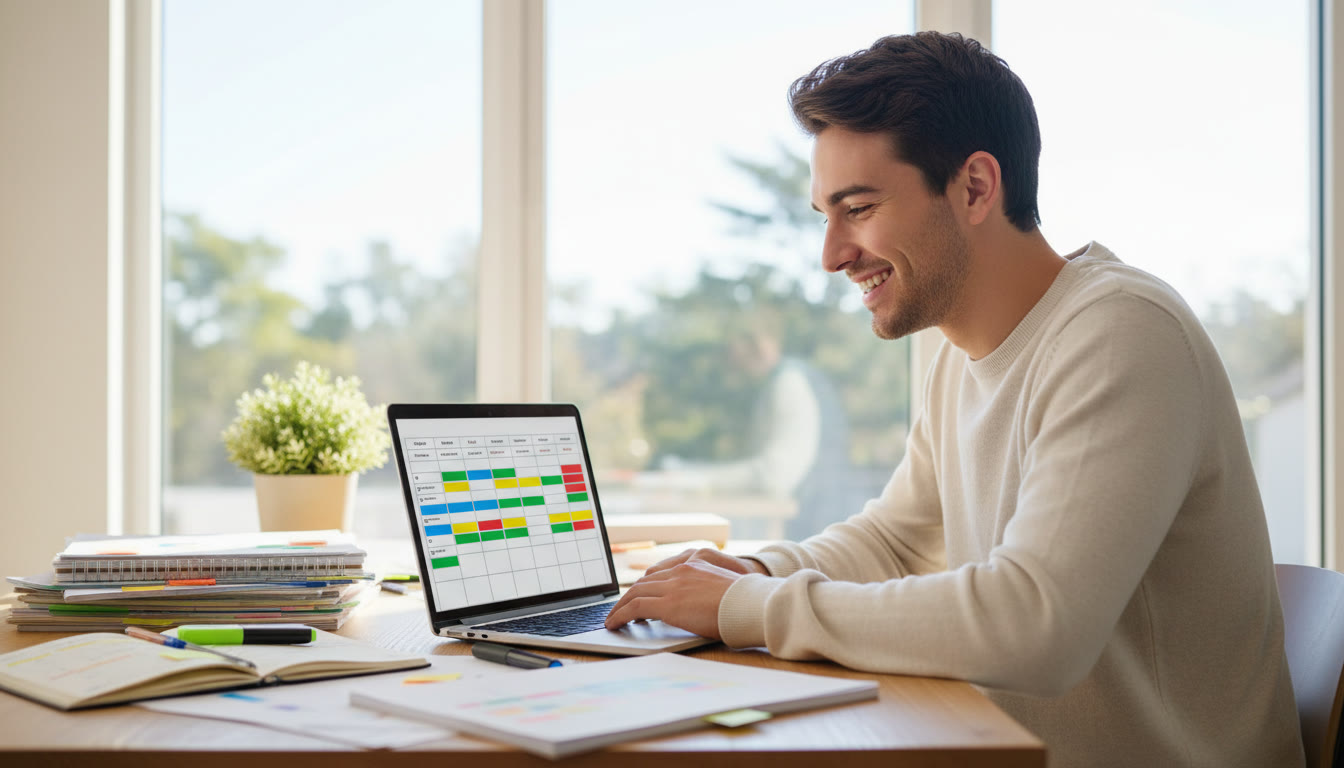 Photo Idea : A focused student at a desk with color-coded notes and a laptop showing an IB timetable