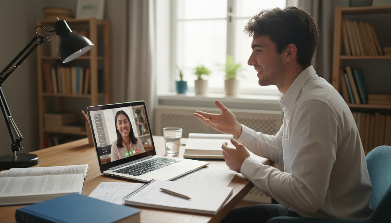 Photo Idea : A student practicing a university interview over video with a tutor, notes and laptop visible