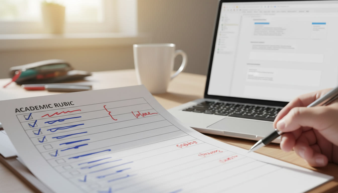Photo Idea : Close-up of a printed rubric with handwritten checkmarks and margin notes beside a laptop showing a draft
