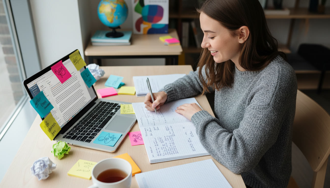 Photo Idea : High-angle shot of an IB student writing a TOK essay with colored sticky notes and a laptop