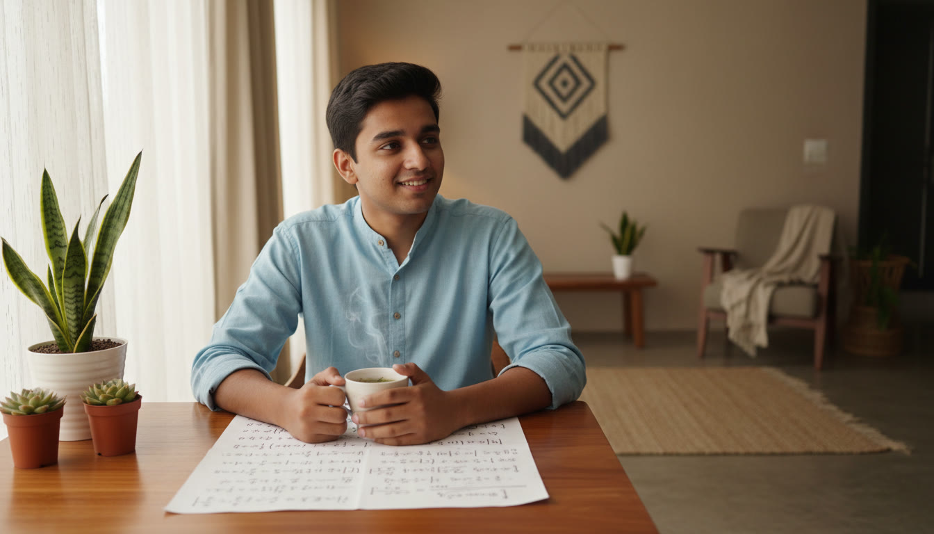Photo Idea : Calm student sitting with a concise formula sheet and a cup of tea, preparing for exam day
